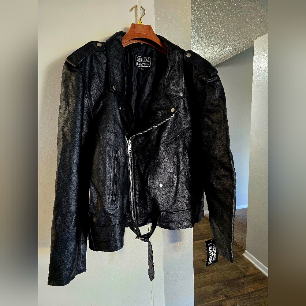 Men's Leather Motorcycle Jacket, Size 58, Black